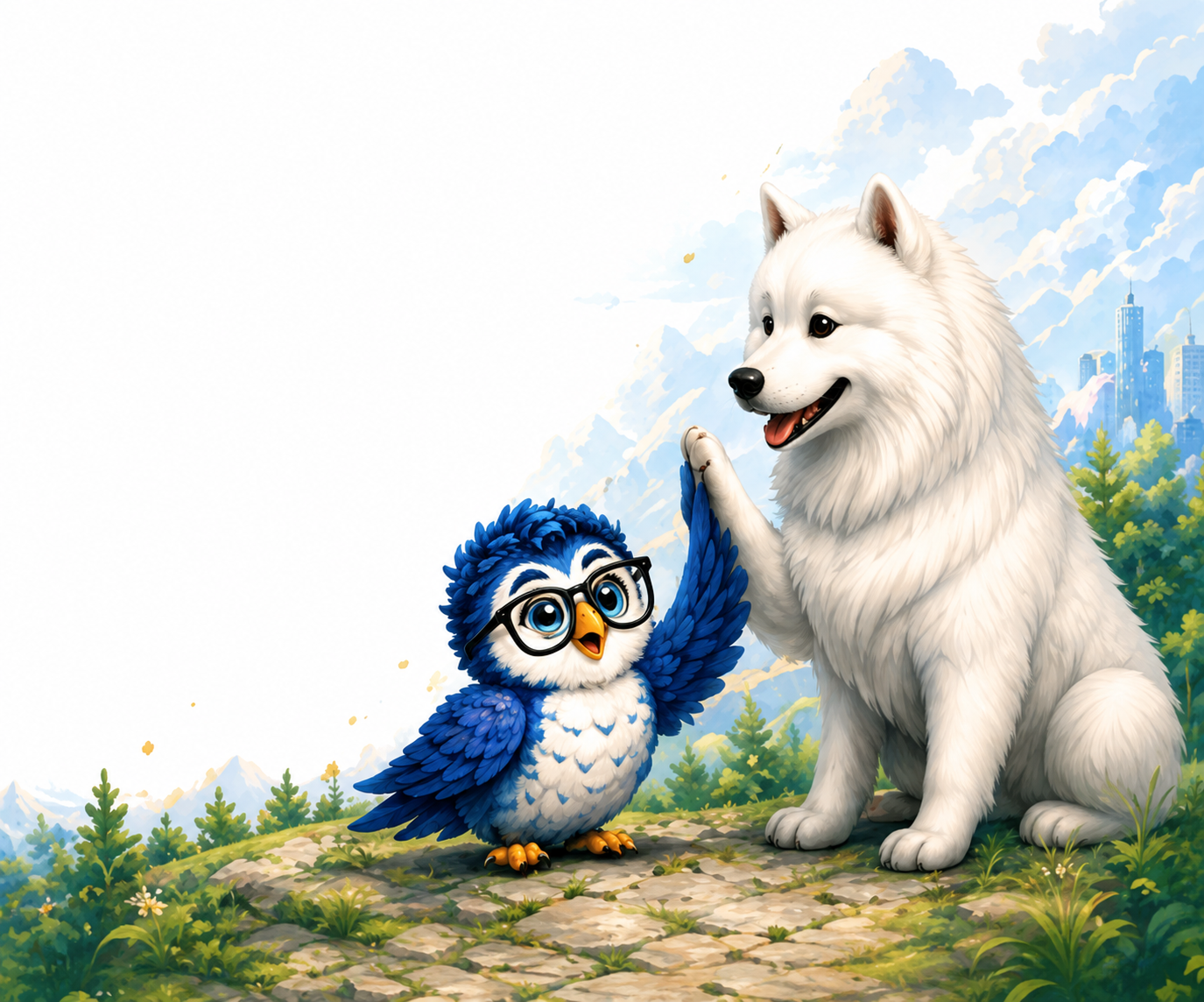 Dario the owl high-fiving a friendly dog